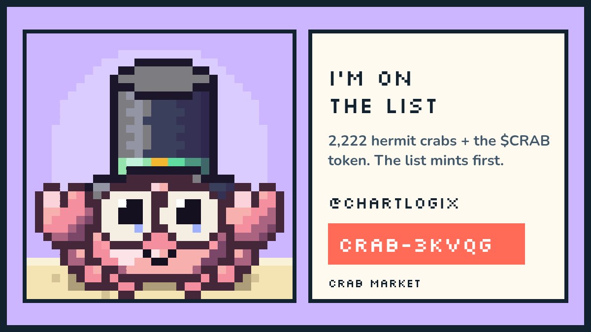 ChartLogix's tweet photo. I'm on the list for @crabmarketio. 2,222 hermit crabs + the $CRAB token on Robinhood Chain.

My pass: CRAB-3KVQG https://t.co/4IugrZVWO2