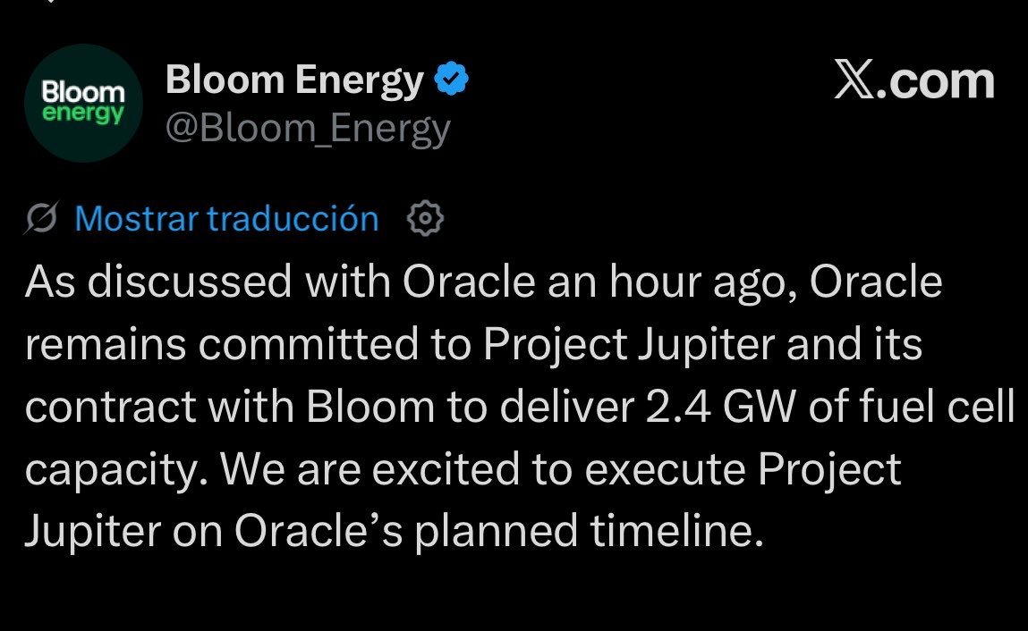 Million_Sancet's tweet photo. Sometimes I scare myself when I use technical analysis
Now, not only was TA pointing down, which I warned you about several days before this $BE news, but the momentum is also pointing downward now
$ORCL sent a force majeure notice to the data center developer
This allows them to delay payments if the campus doesn't become operational by 2028
The main reason is the delay of a natural gas pipeline meant to power $BE fuel cells
Meanwhile, the statement says $ORCL remains committed to Project Jupiter and to the 2.4 GW fuel cell contract
$BE says it will execute the project according to $ORCL planned schedule
It's a typical piece of news that causes fear after a massive 80% rally, triggering enough sell-offs to hit stop-losses and cause a sharp drop
However, it's not bad enough to break the thesis, especially knowing the statement that everything is still moving forward from $BE end
This fits perfectly with the chart I showed you a few days ago, warning you that $BE was going to fall and that I was going to buy like crazy in that zone
They told me I'd be waiting forever, but everything is starting to suggest I was right
Let's see how this plays out