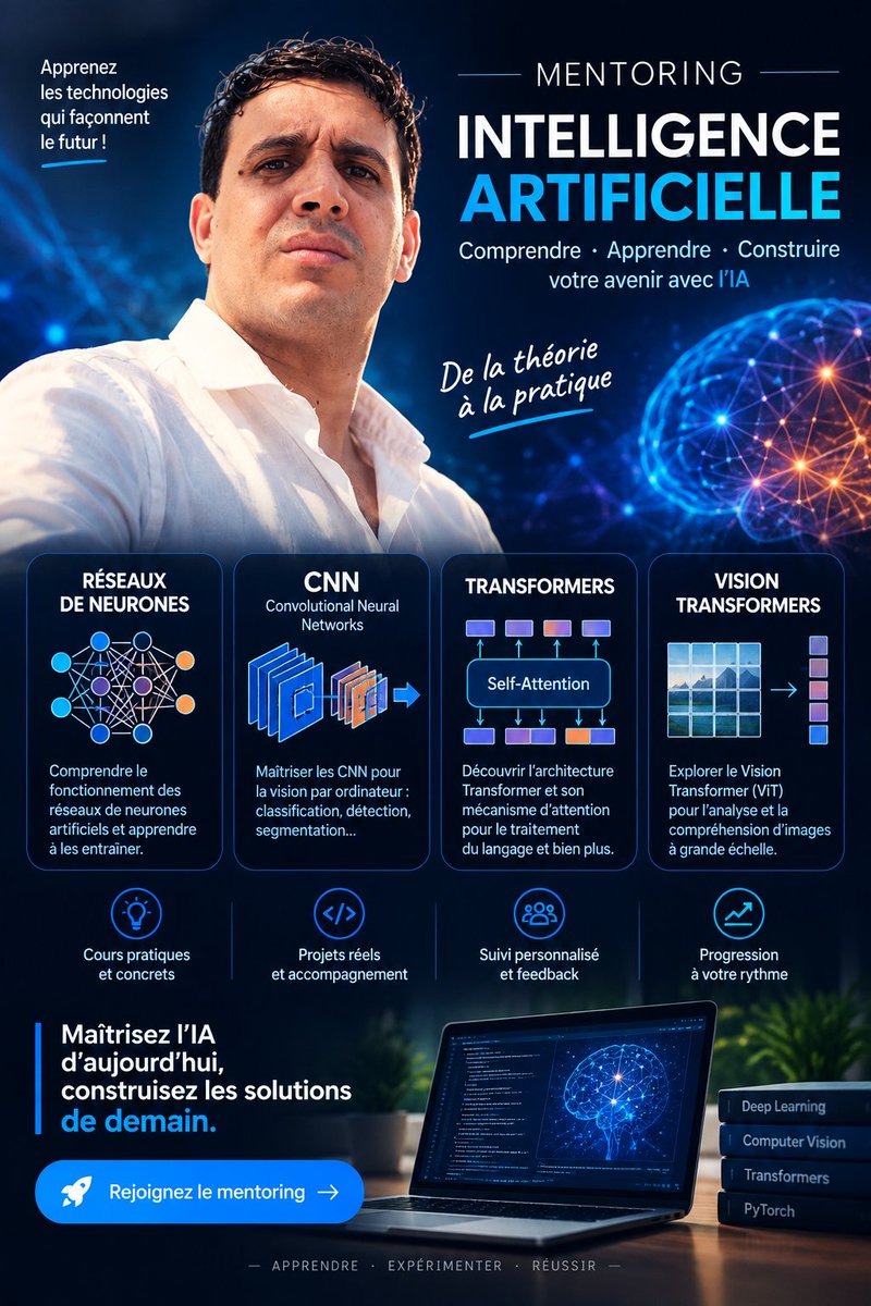 cdecdigital's tweet photo. 🚀 **Maîtrisez l’IA d’aujourd’hui, construisez les solutions de demain.**

🧠 Réseaux de neurones
👁️ CNN &amp; Computer Vision
⚡ Transformers &amp; ViT
💻 Deep Learning &amp; PyTorch

🎯 Théorie → pratique → projets réels

👉 Rejoignez le mentoring IA

#IA #DeepLearning #MachineLearning https://t.co/QWr3mqdvDK