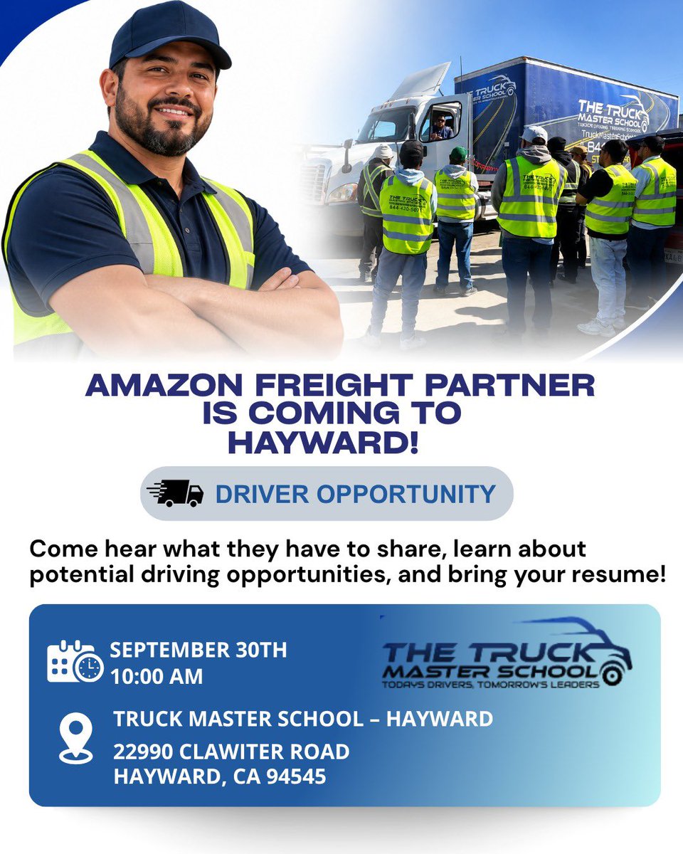 thetruckmaster1's tweet photo. Your next opportunity in the trucking industry could start here! 🚛
Amazon Freight Partner is coming to our Hayward location to share information about potential driver opportunities and collect resumes.
#cdl #classa #amazonfreightpartner #jobtrucker #california https://t.co/i1wiR0Tg9b