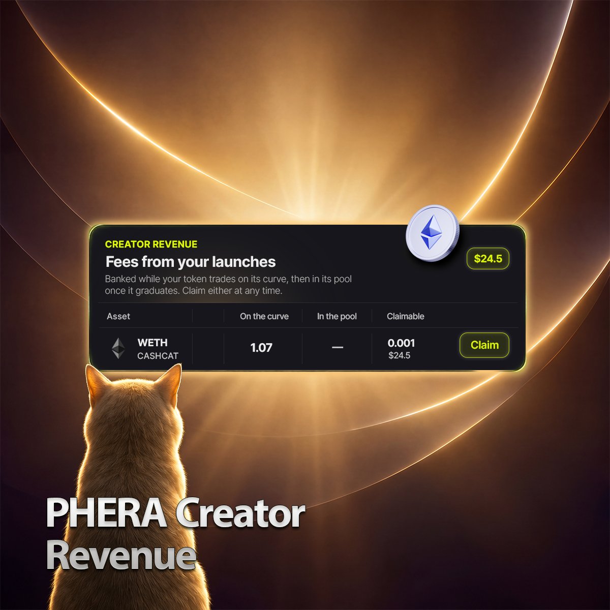 PheraProtocol's tweet photo. V2 is on the way.

Buys and sells. Not just buys.

Your creator fee banks in whatever asset your token trades against, while it's on the curve, and in its pool after it graduates. Claim either at any time; nothing expires. https://t.co/YyQTAUmYVh
