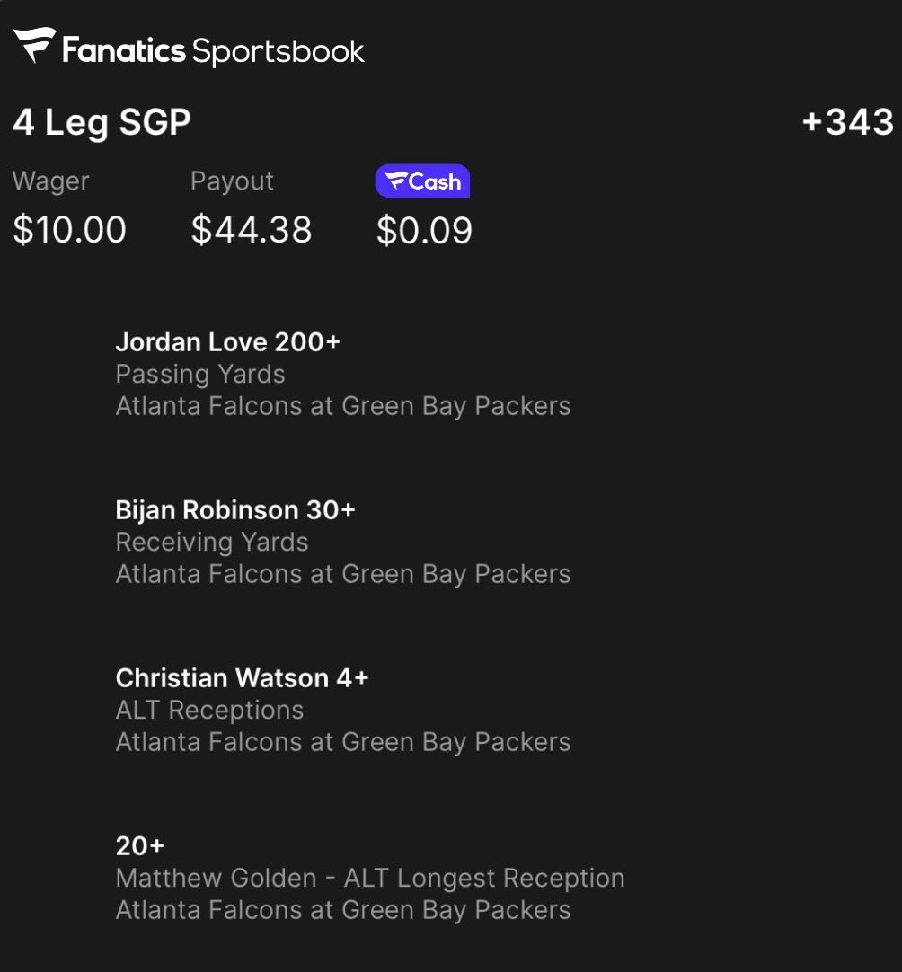 DadBetsFootball's tweet photo. Here’s my TNF Packers Falcons Parlay

Jordan Love 
Bijan 
Christian Watson
Matthew Golden

Feels like a 🔒 https://t.co/Dqnn11D3Ox