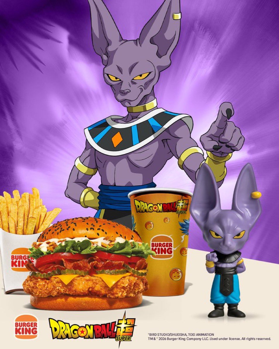 DBSuperUniverse's tweet photo. Lord Beerus has arrived for a tasty bit of the Super Meal that been trending !! 

He also requested some Super Sauce to spice it up a bit, you better go grab you one before it’s all gone !! 

Don’t forget your Beerus figures and T-shirt🔥 #Burgerking #DragonballSuper https://t.co/vTv2cbYm7N