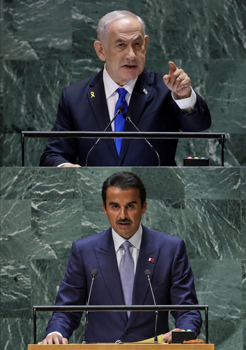 yashar's tweet photo. UPDATE 

The Qatari government has responded to Prime Minister Netanyahu’s speech at the UN with a lengthy statement: 

“We categorically reject Israeli Prime Minister Benjamin Netanyahu’s accusation, made in his address to the UN General Assembly, that the State of Qatar is conducting a campaign to influence public opinion against Israel. This continuing rhetoric against Qatar is nothing more than an attempt to divert attention from the attrocities committed by his government in the occupied Palestinian territories and their grave humanitarian consequences.

Reducing the growing shift in global public opinion, particularly among young people, to allegations of “influence campaigns” is an insult to the awareness and judgment of a generation that is witnessing, in real time and before the entire world, what is taking place on the ground and forming its views accordingly.

If Netanyahu and other extremist Israeli politicians, who increasingly find themselves addressing empty halls, want the world to view Israel differently, they should begin by changing their policies, stopping breaches of and respecting international law, and taking responsibility before the people who elected them, rather than searching for scapegoats to blame for Israel’s deteriorating global image.

Attempts to hold Qatar, or anyone else, responsible for a global shift in public opinion shaped by what people themselves are witnessing are no longer persuasive. These repeated attacks on Qatar can only be understood as an effort to divert attention from political responsibility for policies and practices on the ground, while exploiting Qatar as part of domestic political calculations.”