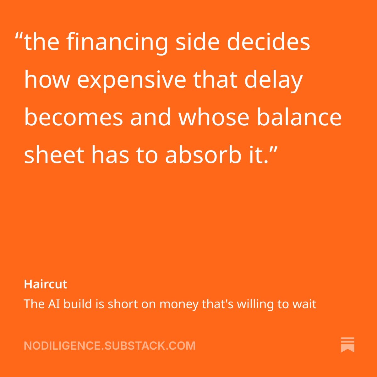nodiligence's tweet photo. i called it already.
if you follow my substack, you know i've been on one question all week: when the ai build slips, whose balance sheet eats the delay
sept 18: "the financing side decides how expensive that delay becomes and whose balance sheet has to absorb it"
https://t.co/SqQRKatyEb…
sept 19: "Jupiter is hard to dismiss as a permit problem... Yet the loan was still quoted around 90 the next day. If it stays below 90 even as the project derisks, then something around the tenant, power or takeout is being priced that we cannot see yet."
https://t.co/M2bNdVgEgg…
sept 24: oracle sends FM notice to blue owl on project jupiter - the exact mechanism, 5 days later
we can see it now.