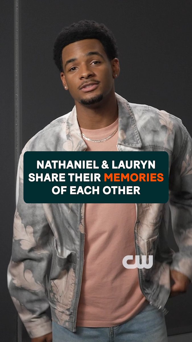 A young man in a floral-print denim jacket and pink shirt stands against a dark background, with overlaid text reading "NATHANIEL & LAURYN SHARE THEIR MEMORIES OF EACH OTHER" alongside The CW logo, promoting the series finale of #AllAmerican airing Monday at 8/7c.