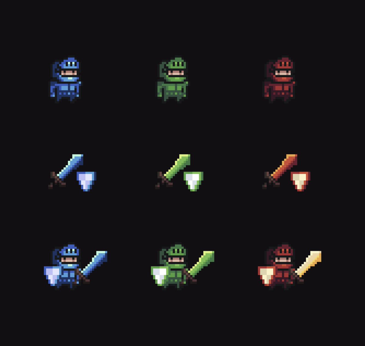 Saga_Task_App's tweet photo. Some color, item, and armor tests today. Nothing too crazy, just making stuff and figuring out how all these pieces might fit together.

The goal is lots of ways to build out your character and lots of cool loot to earn for actually getting your tasks done.

#PixelArt #Aseprite #IndieDev #GameDev