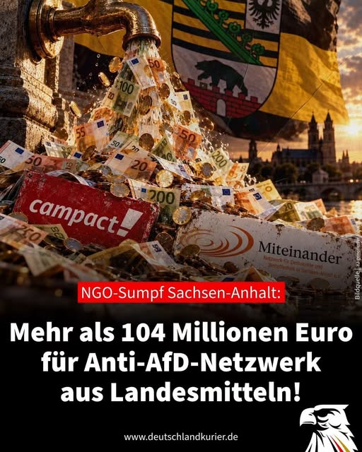 BJilge's tweet photo. NGO-Sumpf Sachsen-Anhalt: Mehr als 104 Millionen Euro für Anti-AfD-Netzwerk aus Landesmitteln!
Jetzt haben wir es schwarz auf weiß: Eine Kleine Anfrage des AfD-Landtagsabgeordneten Gordon Köhler an die gerade abgewählte Landesregierung von Sachsen-Anhalt brachte ans Licht, dass der linke NGO-Komplex zwischen dem 1. Januar 2024 und dem 30. Juni 2026 rund 104,5 Millionen Euro nur aus Landesmitteln für seine Agitation gegen die AfD kassierte. Hinzu kommen weitere Millionen vom Bund.