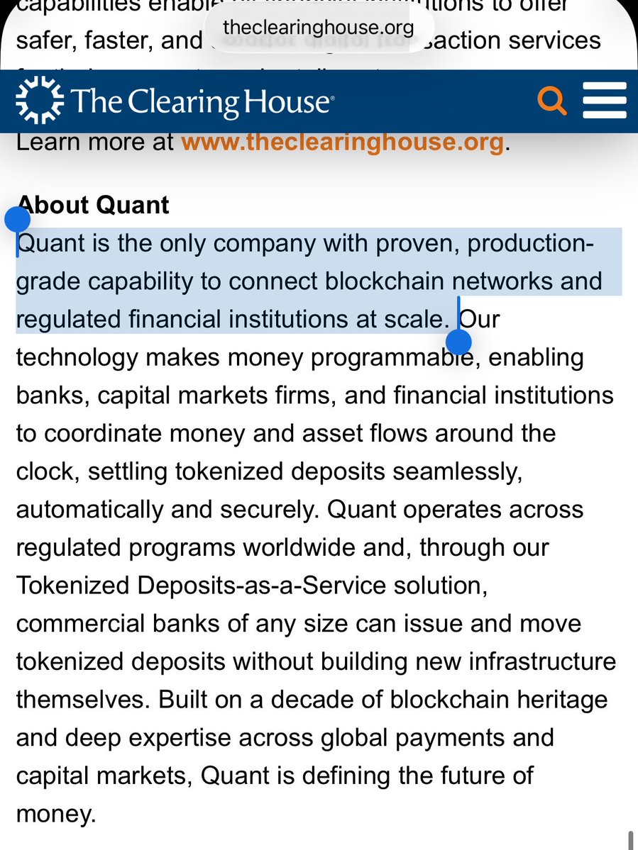 APEXCONSULTNFA's tweet photo. READ THIS MY FRIEND AND THEN READ AT LEAST 3 TIMES WHAT TCH(THE CLEARING HOUSE) SAID ABOUT QUANT WHICH IS HIGHLIGHTED IN BLUE VERY SLOWLY! 

TCH is The Clearing House, operates core U.S. payment infrastructure as the main private counterpart to Federal Reserve systems (FedACH, Fedwire, and FedNow).
It clears and settles on the order of $2 trillion in U.S. dollar payments on a typical business day—roughly half of commercial ACH and wire volume.  
NOW READ BELOW WHAT THE TCH SAYS ABOUT QUANT. BETTER YET, READ THE WHOLE PARAGRAPH! ethereum:0x4a220e6096b25eadb88358cb44068a3248254675