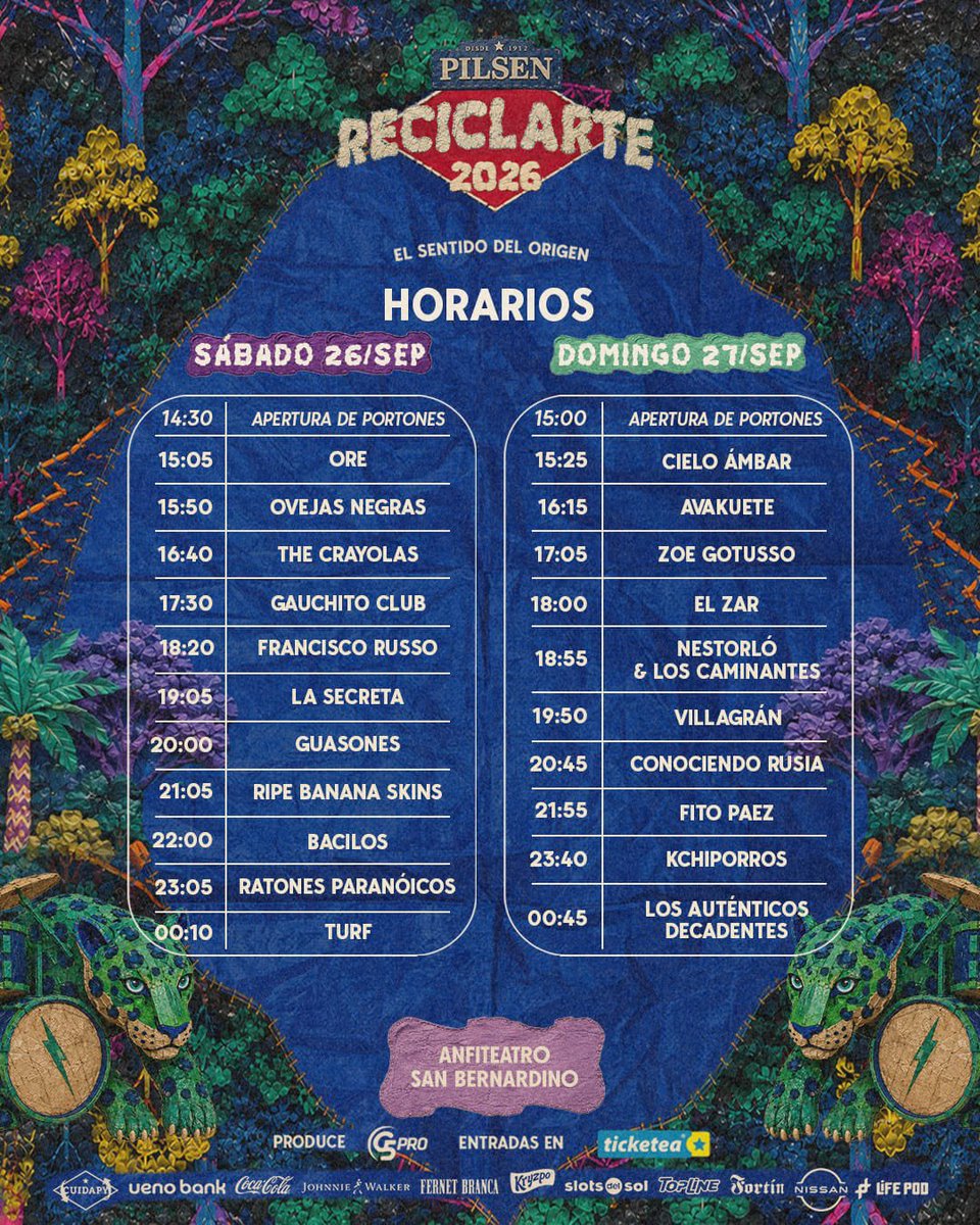 ReciclArtePY's tweet photo. 𝙃𝙊𝙍𝘼𝙍𝙄𝙊𝙎 ⏰️

¡Vení temprano para disfrutar de inicio a fin de un 𝙁𝙄𝙉𝘿𝙀 𝘼 𝙋𝙐𝙍𝘼 𝙈𝙐́𝙎���𝘾𝘼! 💥🎶

𝗣𝗶𝗹𝘀𝗲𝗻 𝗥𝗲𝗰𝗶𝗰𝗹𝗔𝗿𝘁𝗲 2026 🍻🤘🏻🎸
🗓️ 26 y 27 de Septiembre 
📍Anfiteatro de San Bernardino
@TicketeaPy https://t.co/muVxFBppgm 🎫 https://t.co/g7DaQ9bPwO