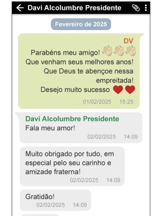 NewsLiberdade's tweet photo. 🚨URGENTE - Vaza mensagens entre Alcolumbre e Vorcaro, mostrando a amizade entre os dois

“Fala meu amor (…) sou ser irmão! Pra vida toda!” https://t.co/A54B5N74wd