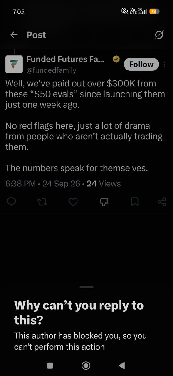 NotknownTrader's tweet photo. @fundedfamily Now they just blocked me since no intention to even refund me the money I paid for those scammy evals. I just fucking hate the time lost and the effort I put into this. https://t.co/0H3LZ6GgjH