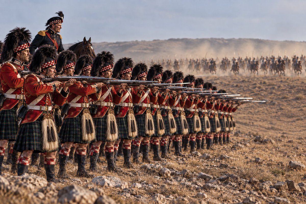 Englishremnant's tweet photo. At Balaclava in 1854, the 93rd Sutherland Highlanders stood two ranks deep against Russian cavalry.

Sir Colin Campbell refused to form square. His order was simple: hold the line or die where you stand.

They held.

The Russian horsemen broke and turned back. William Howard Russell saw it and described a “thin red streak tipped with a line of steel.”

The Thin Red Line was born 🇬🇧