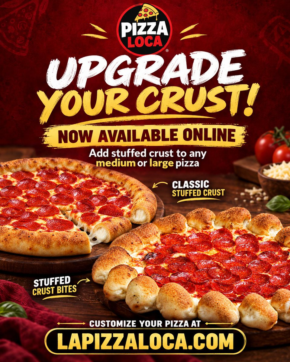 PizzaLocaUSA's tweet photo. ๐๐ง Your favorite pizza just got cheesier!
You can now add Classic Stuffed Crust or Stuffed Crust Bites to any medium or large pizza when ordering online!
Order pickup or delivery at https://t.co/tcxqpflMl0
#PizzaLoca #StuffedCrust #StuffedCrustBites #CheeseLovers #PizzaNight https://t.co/pktyxv5i56