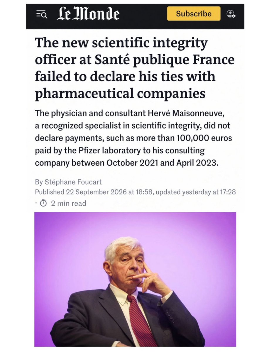 liz_churchill10's tweet photo. Imagine that. The french physician hired to police scientific integrity conveniently ‘forgot’ to declare six figures from Pfizer… https://t.co/wFtoC7tdQ9