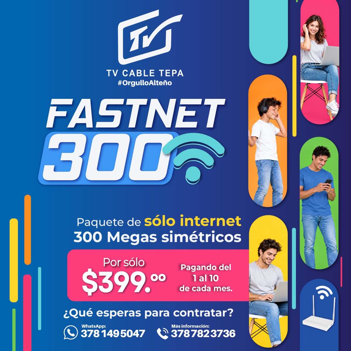 tvctepa's tweet photo. ⚡🚀 300 megas para que todo vaya a otro ritmo.

Con Fastnet 300 disfruta 300 Mbps simétricos por solo $399 al mes, pagando del 1 al 10. 📶💻

📲 WhatsApp: 378 149 5047
📞 Más información: 378 782 3736
Fastnet 300. Más velocidad para tu día a día. ⚡
#TVCableTepa #Fastnet300 https://t.co/ICqw7ZGCSS