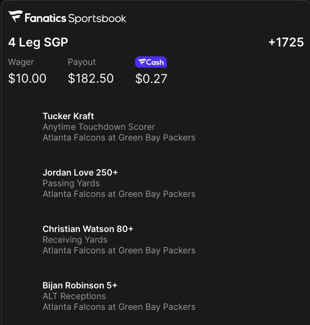 DadBetsFootball's tweet photo. Lottery Ticket for TNF Falcons Packers

+1725

Tucker Kraft TD
Jordan Love 250+
Christian Watson 80+
Bijan 5+ Receptions 

Let’s Rock https://t.co/gNrtUUGc1D
