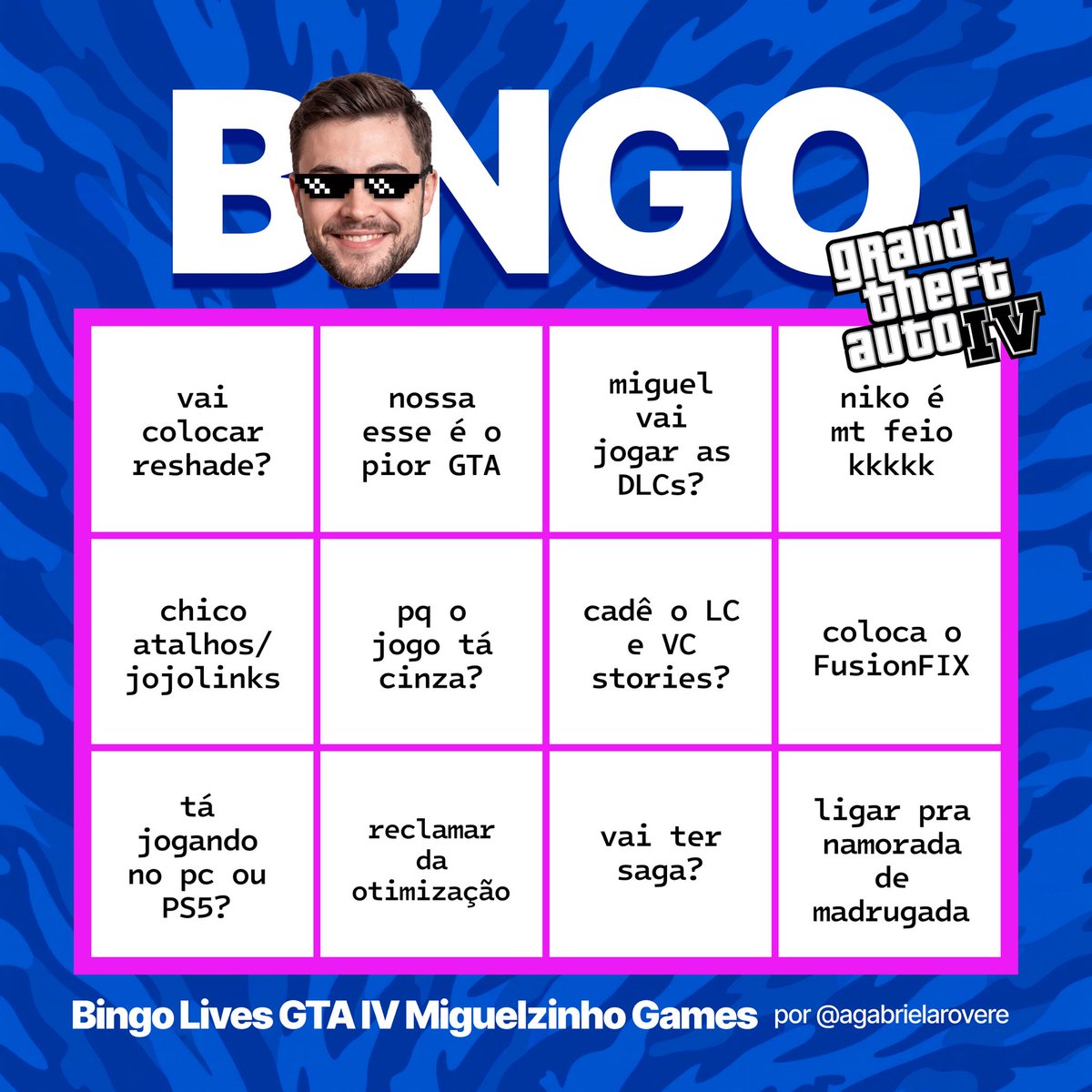 agabrielarovere's tweet photo. @fernandemiguels as lives de GTA IV começaram hoje e já temos o bingo oficial (sujeito a alteração) https://t.co/2DB8uuPyil
