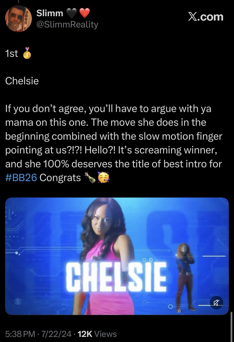 SlimmReality's tweet photo. Moral of the story: If you rank #1 in my intros ranks, you’re making finale night 🥇🔮 @chelsiebaham @_modelmorg #BB28 https://t.co/BzTitD6TU7