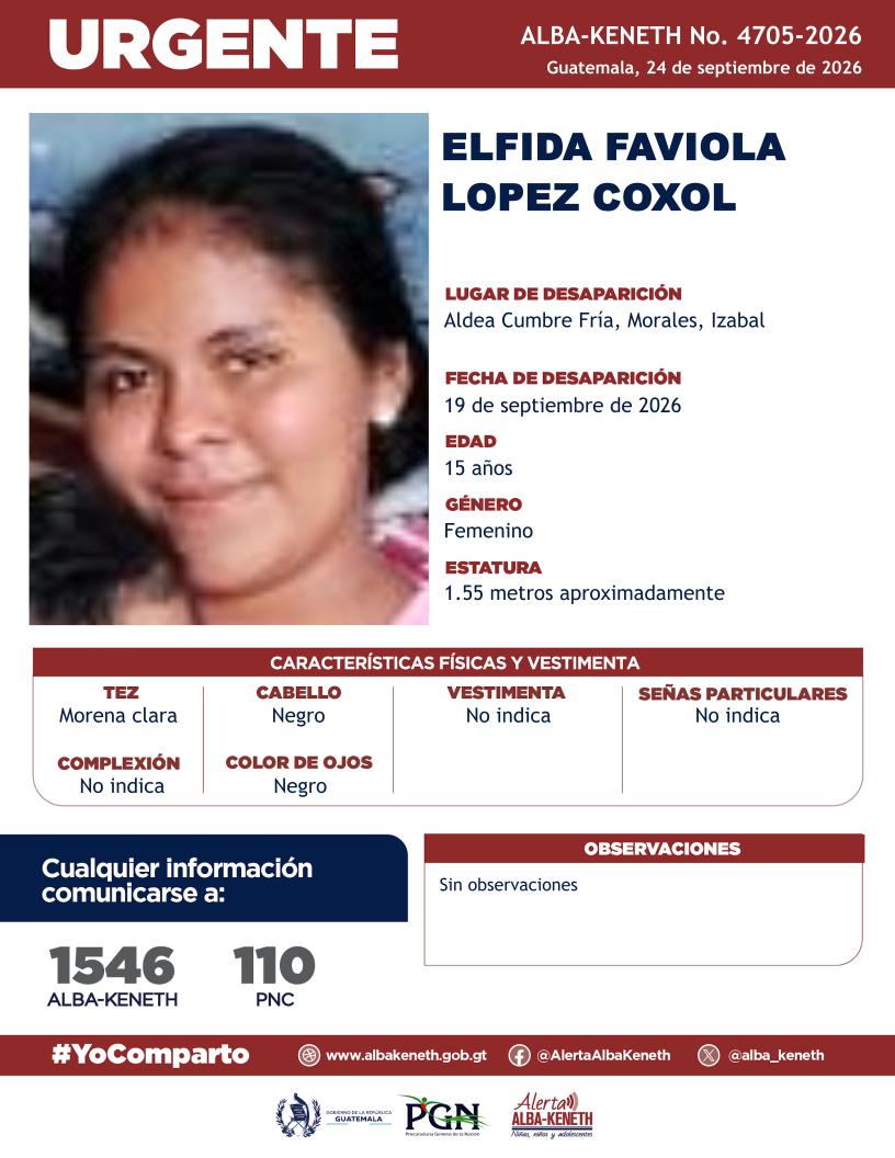 alba_keneth's tweet photo. #AlertaAlbaKeneth⚠️| Elfida Faviola Lopez Coxol de 15 años de edad. Desapareció el 19 de septiembre de 2026, en Aldea Cumbre Fría, Morales, Izabal.

🔁Comparte y ayúdanos con su localización.
📞Si tienes información llama al 1546. #YoComparto https://t.co/llZhEcrT62