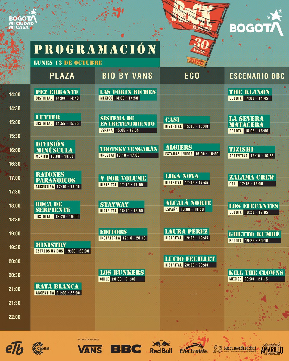 PogotaConcerts's tweet photo. Programación OFICIAL de Rock al Parque 2026 

10 al 12 de Octubre en el Parque Simón Bolívar 
Otro evento @rockalparquefes
#Comparte #Apoya https://t.co/Fvp8h4yC0L