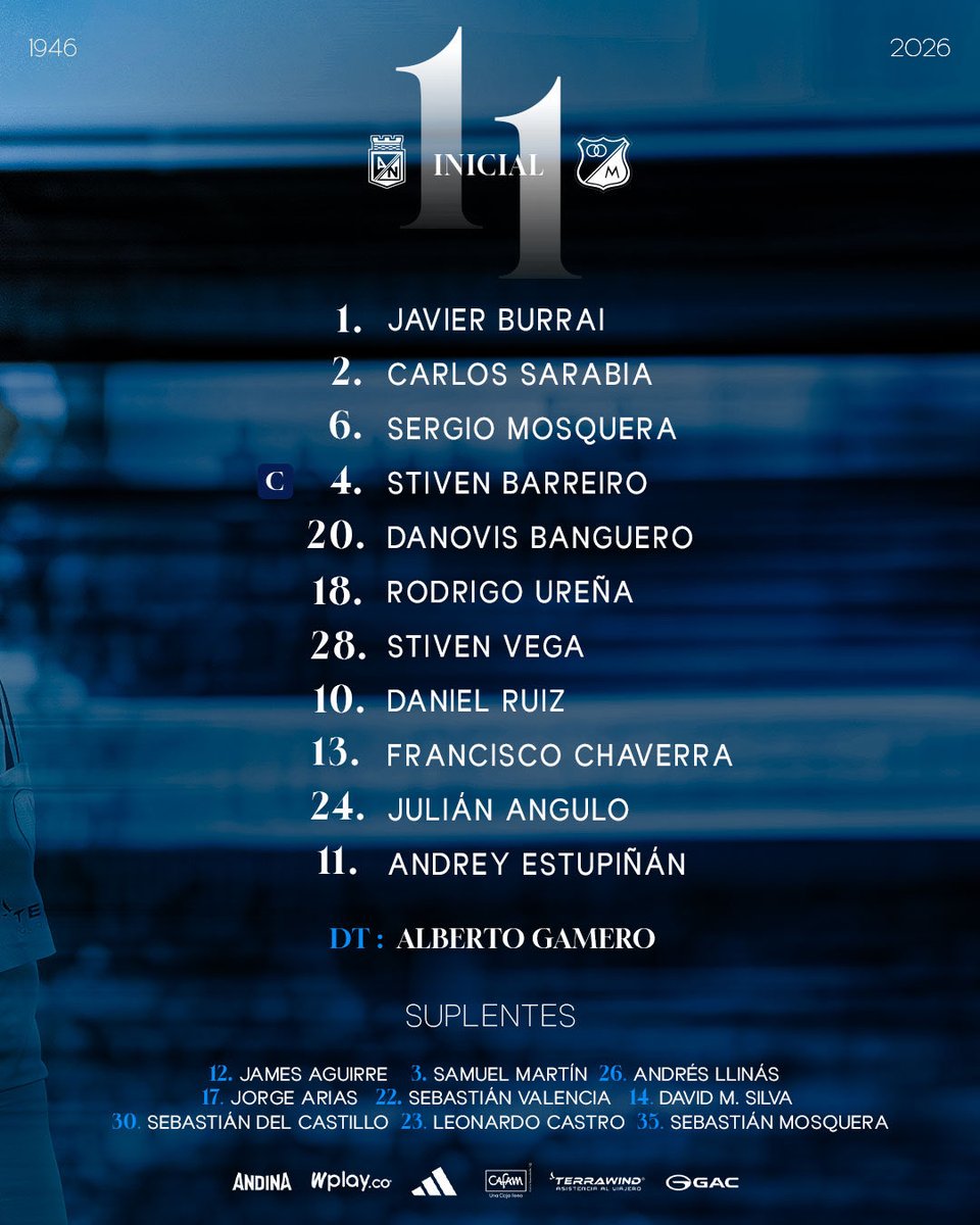 MillosFCoficial's tweet photo. ¡Nuestro 11 inicial! 🔥
 
▶️ Así saldremos a la cancha para nuestro encuentro frente a Atlético Nacional.
 
𝐋𝐞𝐠𝐚𝐝𝐨, 𝐀𝐦𝐨𝐫 𝐲 𝐆𝐥𝐨𝐫𝐢𝐚 Ⓜ️ https://t.co/xO3QEJP1RT