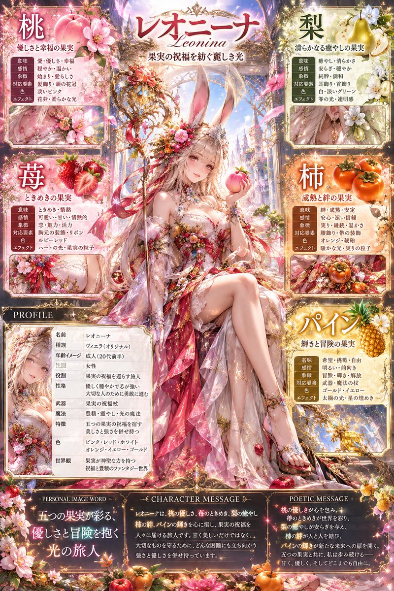Leonina_ff's tweet photo. おはようございます☀
✨新しいの作ってみました✨

【PERSONALIZED WORD CHARACTER】

好きな言葉を5つ入力するだけで、
その言葉からオリジナルキャラクターを作れます。

言葉の意味やイメージをもとに、

🌸 キャラクタープロフィール
⚔️ 武器・魔法・能力
💎 5つの言葉の象徴
✨ 特別なエフェクト
📖 キャラクターメッセージ

などを組み合��せて、
RPGの設定資料風イラストに仕上げます。

あなたの好きな5つの言葉から、
どんなキャラクターが生まれるでしょうか？

ぜひ試してみてください✨

プロンプトはリプ欄のリンクから➡️