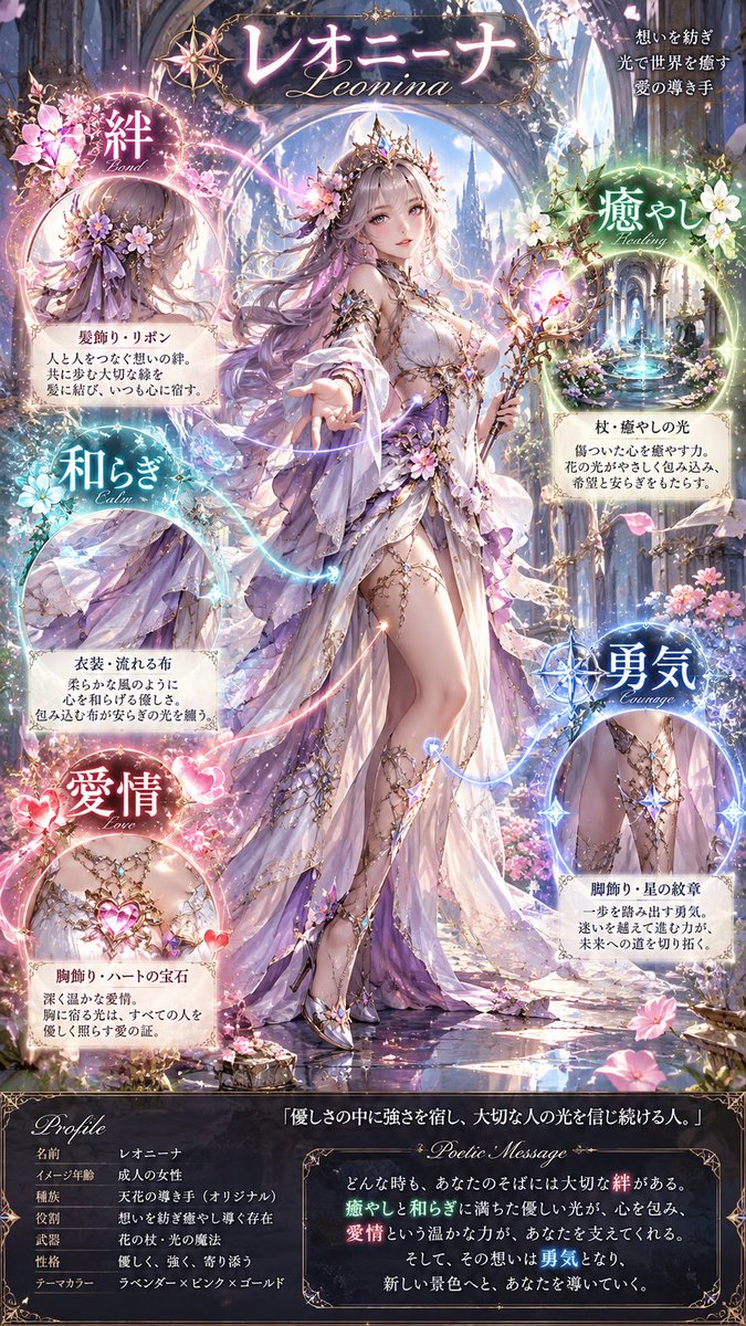 Leonina_ff's tweet photo. おはようございます☀
✨新しいの作ってみました✨

【PERSONALIZED WORD CHARACTER】

好きな言葉を5つ入力するだけで、
その言葉からオリジナルキャラクターを作れます。

言葉の意味やイメージをもとに、

🌸 キャラクタープロフィール
⚔️ 武器・魔法・能力
💎 5つの言葉の象徴
✨ 特別なエフェクト
📖 キャラクターメッセージ

などを組み合��せて、
RPGの設定資料風イラストに仕上げます。

あなたの好きな5つの言葉から、
どんなキャラクターが生まれるでしょうか？

ぜひ試してみてください✨

プロンプトはリプ欄のリンクから➡️