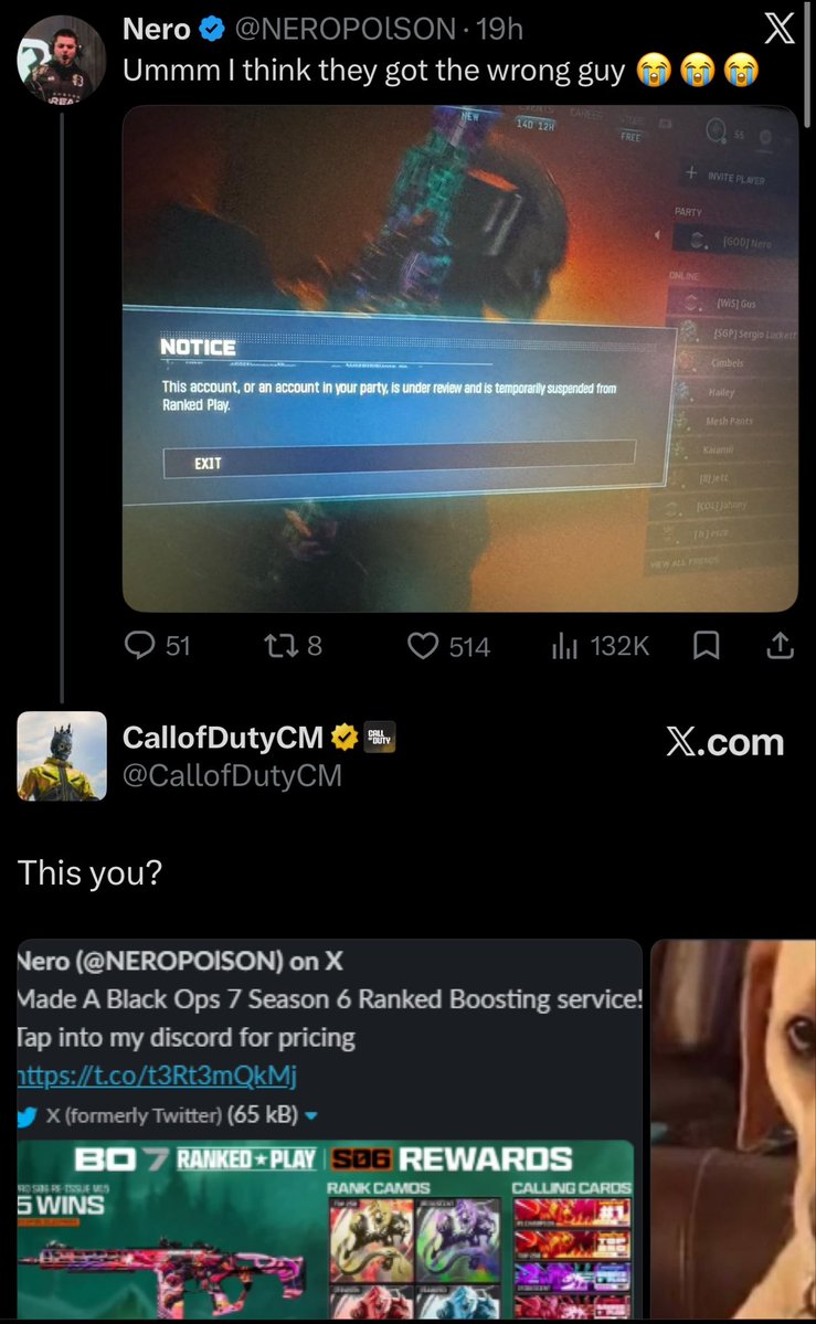 ModernWarzone's tweet photo. Call of Duty publicly called out and suspended the account of CDL pro Nero for running a ranked play boosting service in Black Ops 7 and advertising it on social media. 

The fact he’s surprised he got banned for this is crazy, did he think they’d just allow a pro to do this 💀 https://t.co/5le6kpfDMD