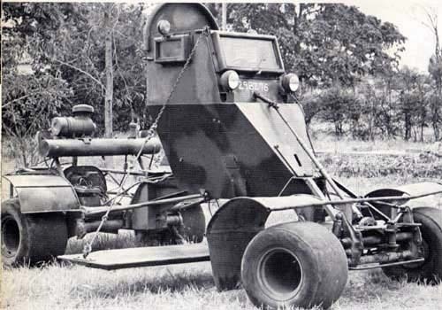 RhodesianAction's tweet photo. The Pookie looks like a go-kart with a bathtub bolted on top. It is a one-man mine detector riding on secondhand Formula One tires, bought after the South African Grand Prix, because the wide rubber presses lighter on the dirt than a human footprint. https://t.co/LMiwF0rRo3
