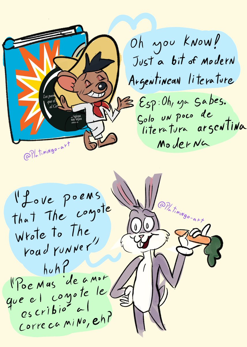 platimingo's tweet photo. Parte 2/cómic bonus:

Y así de como el chismoso de Bugs se enteró del libro 💀

#wilerunner #wileroadㅤㅤ #looneytunesㅤㅤㅤ https://t.co/ZQ21HnARXP