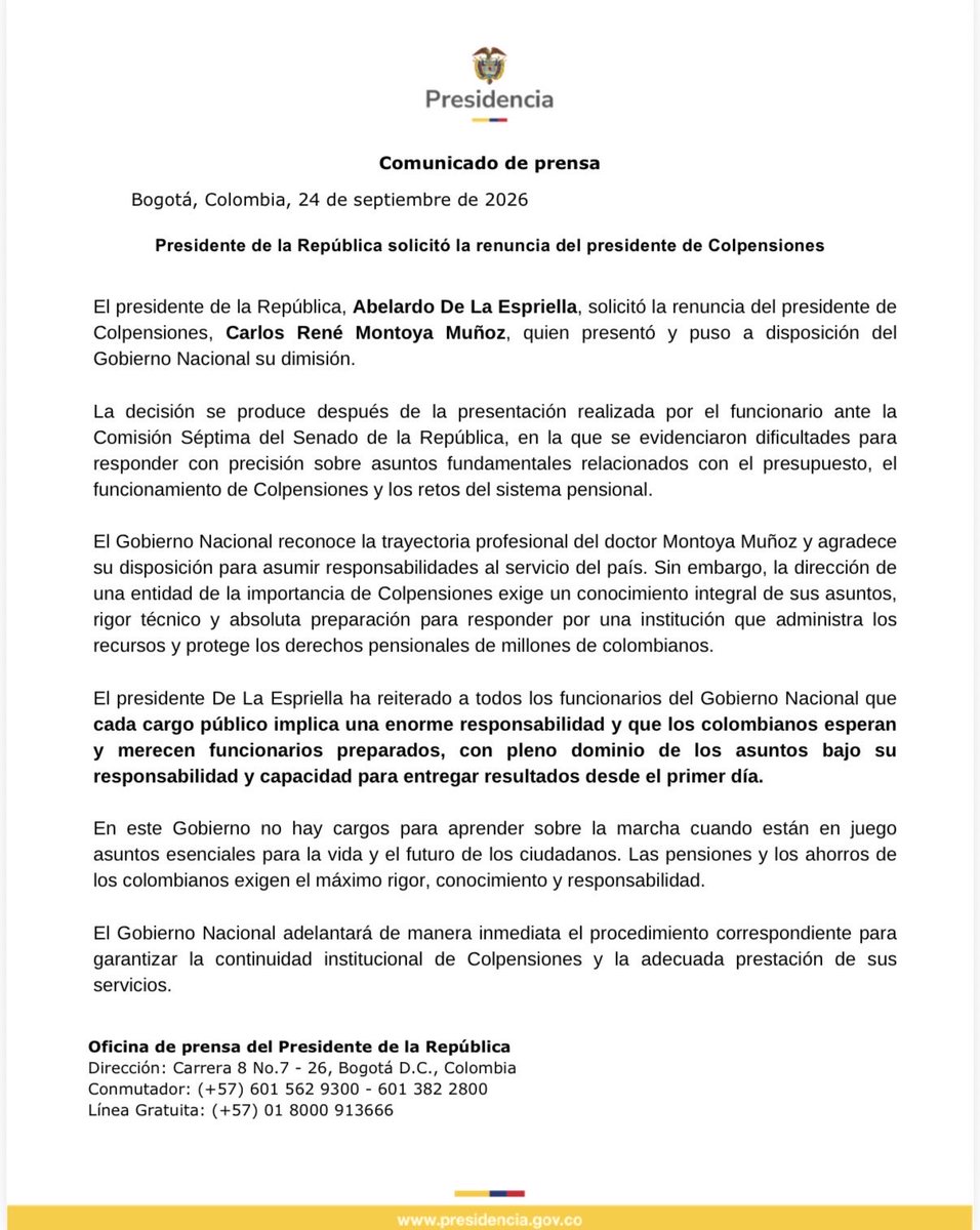 SoyJerome__'s tweet photo. El Presidente Abelardo de la Espriella le solicitó la renuncia al Presidente de Colpensiones Carlos Montoya, me parece excelente.

Funcionario que no conozca su entidad y llegue improvisar, debe salir.

Uno no llega a aprender al cargo. 👏👏👏 https://t.co/m3CkMHjjMV