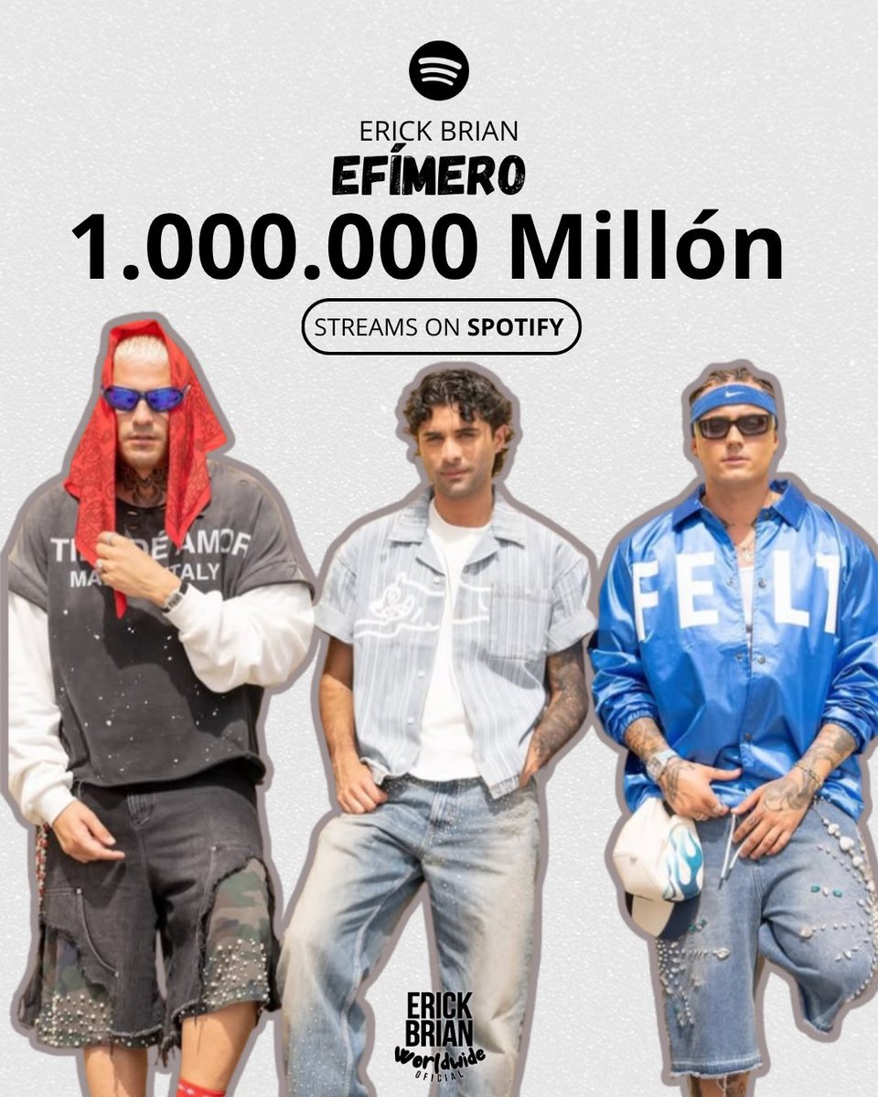 Erickbrianwwofc's tweet photo. “Efímero”, colaboración de Erick Brian, Dale Pututi y Nesty, alcanza 1 millón de streams en Spotify.

Esta canción marcó la primera experiencia de Erick en el género reparto y representa un nuevo logro en su trayectoria como solista.

¡Sigamos apoyando y vamos por más!🚀 https://t.co/69YR9jgoJd
