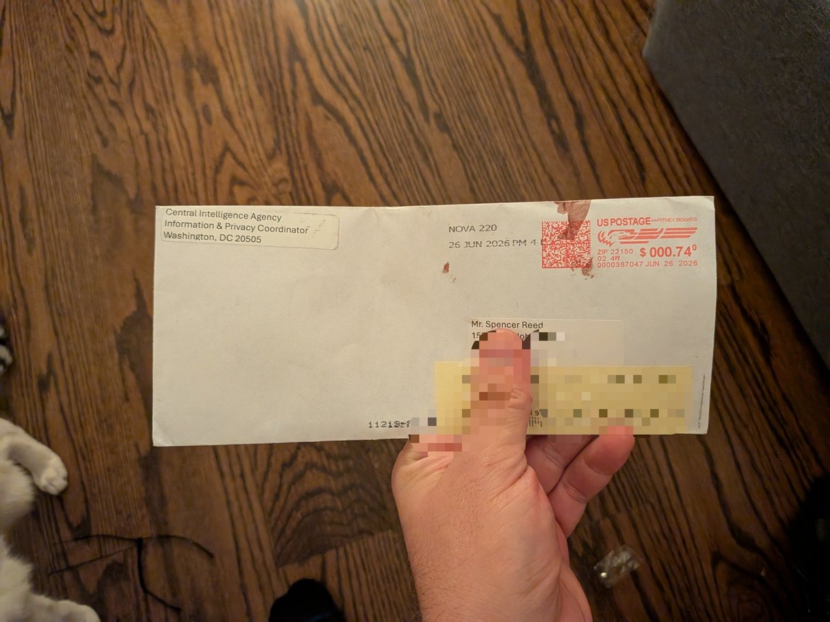rencer_speed's tweet photo. The funniest ongoing bit in my life is that I filed a bunch of FOIA requests with the CIA for my thesis in college about 10 years and 10 addresses ago, but they still find me wherever I live to send more stuff a couple times a year https://t.co/lwM5S4xxHn