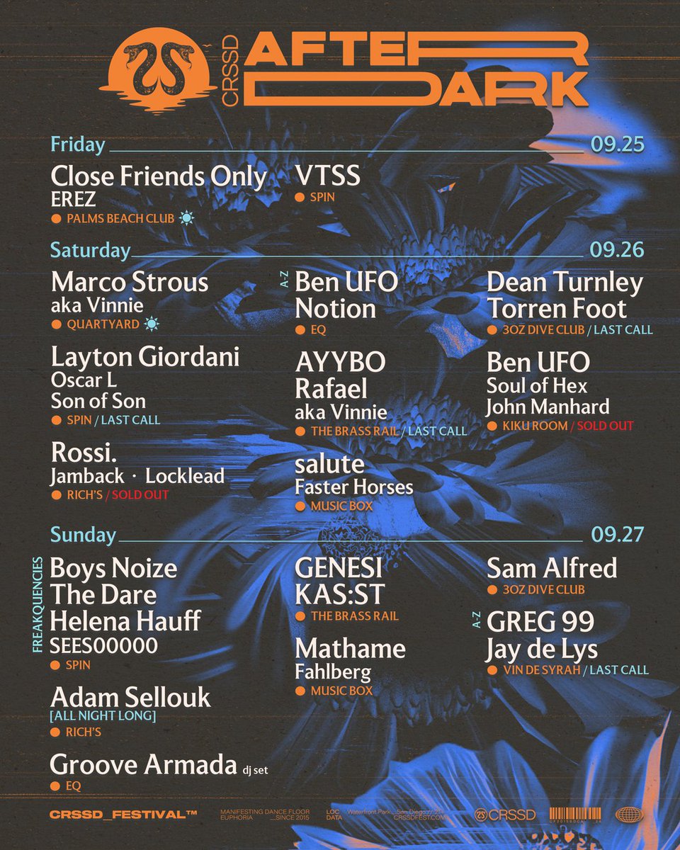 FNGRSXCRSSD's tweet photo. #CRSSDAfterDark kicks off tomorrow 🌙

Tickets are moving quickly + select shows are already SOLD OUT. 

Lock in your late-night plans → https://t.co/GFhbaavNtU https://t.co/ZJBIBW7ZFy
