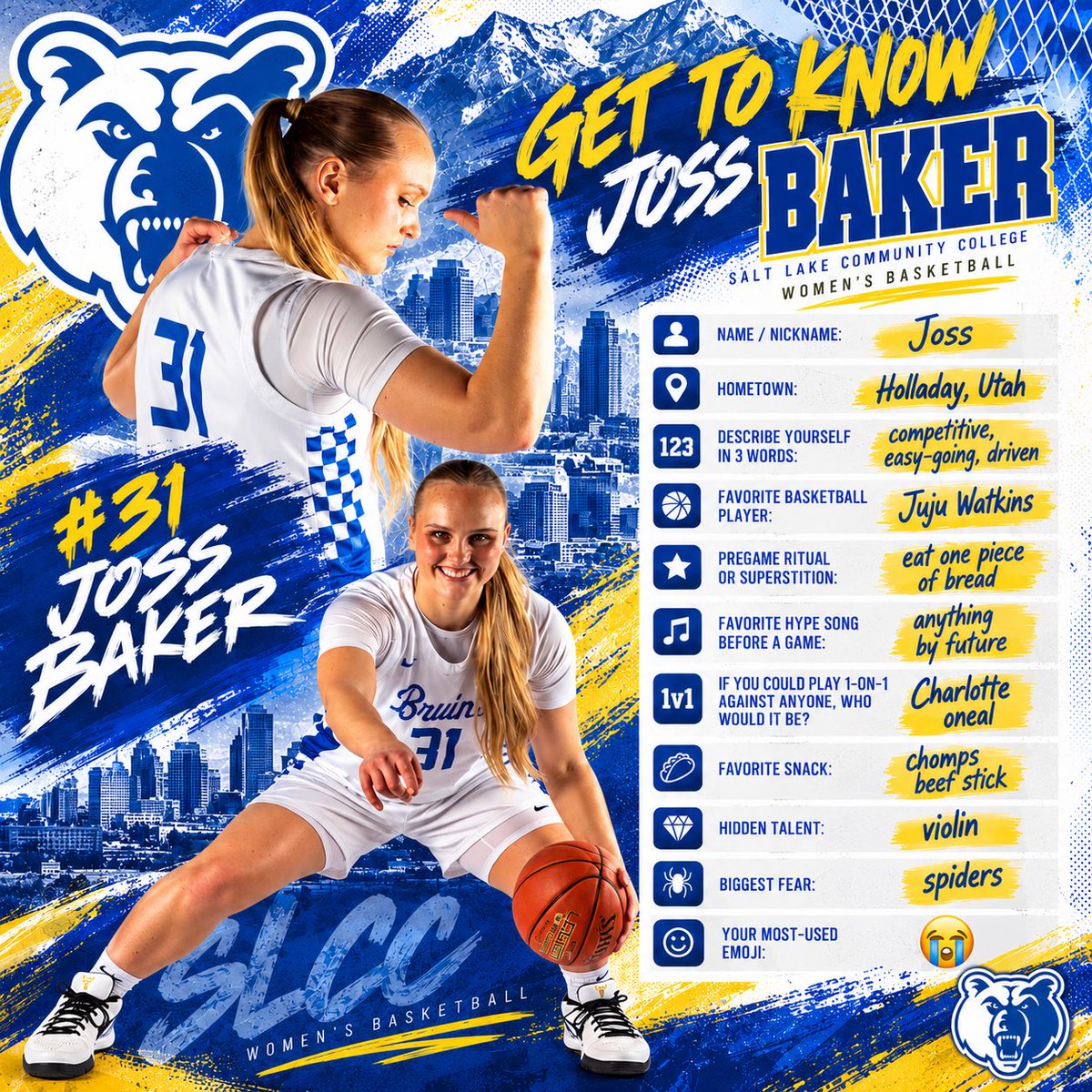 SALTLAKEWBB's tweet photo. 🐻 MEET THE BRUINS! 💙💛

We’re excited to introduce our Bruins Women’s Basketball team! First up — #31 Joss Baker! 🏀

Get to know Joss and a little more about what makes her her! We’re excited to have her representing The Bruin Way this season! https://t.co/NcDv39CvOA