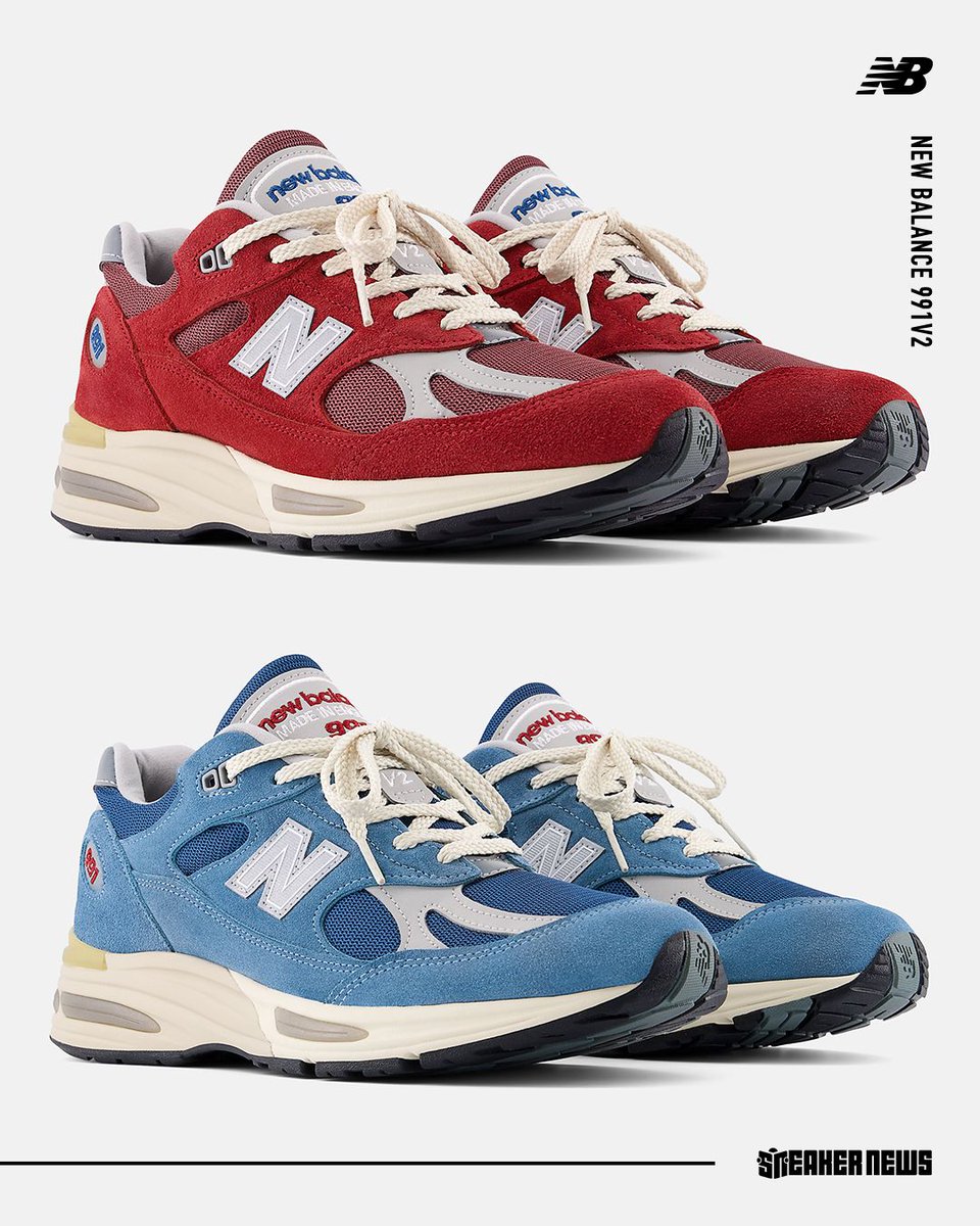 SneakerNews's tweet photo. New Balance 991v2 "Vintage Sports" Pack brings two classic American team colors to vintage-treated midsoles 🏀 🎾 ⚽️ 🏈 

Dropping October 1st for $250 each.

Full details >> https://t.co/p1jkdcXGIY https://t.co/ONuic14bg1