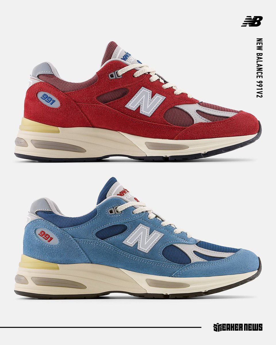 SneakerNews's tweet photo. New Balance 991v2 "Vintage Sports" Pack brings two classic American team colors to vintage-treated midsoles 🏀 🎾 ⚽️ 🏈 

Dropping October 1st for $250 each.

Full details >> https://t.co/p1jkdcXGIY https://t.co/ONuic14bg1