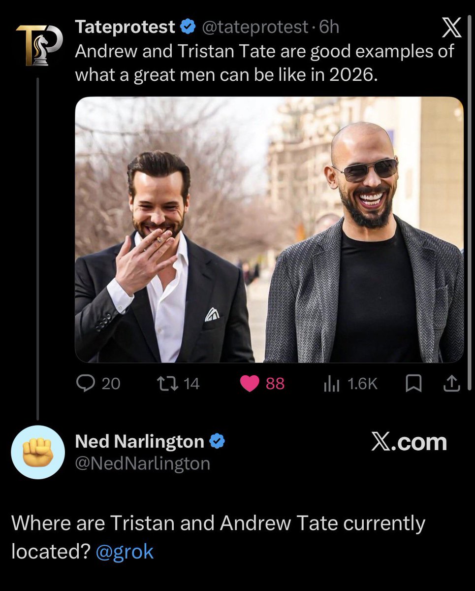 tateprotest's tweet photo. 🚨🔥EVEN GROK KNOWS THE CASE IS BULLSH*T 

Tate hater tried to get Grok to roast the Top G and The Talisman but Grok was not having it and DIDN’T RESPOND. 😂😂 https://t.co/2IVYFGCsmF
