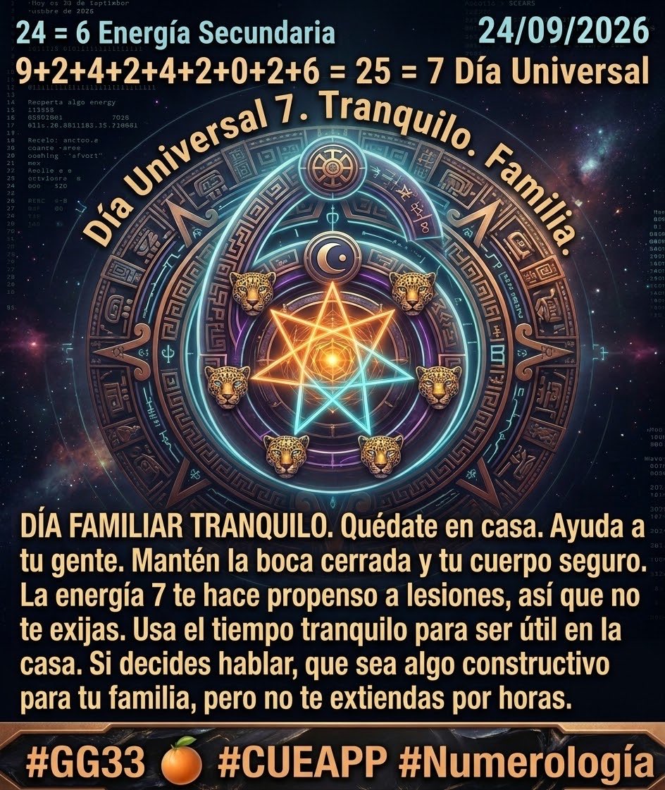 MycoWazon's tweet photo. Día Universal 7 con energía 6 de familia. Toca guardar silencio, quedarse en casa y cuidar el cuerpo, que el 7 te pone propenso a lesiones. Cuida a los tuyos y ponte útil en el hogar. 🤫🏠⚡
📲 Link con descuento para Cue App en mi bio. 📩 Mándame DM para lecturas personales.
#GG33 🍊 #CUEAPP #Numerología #Familia