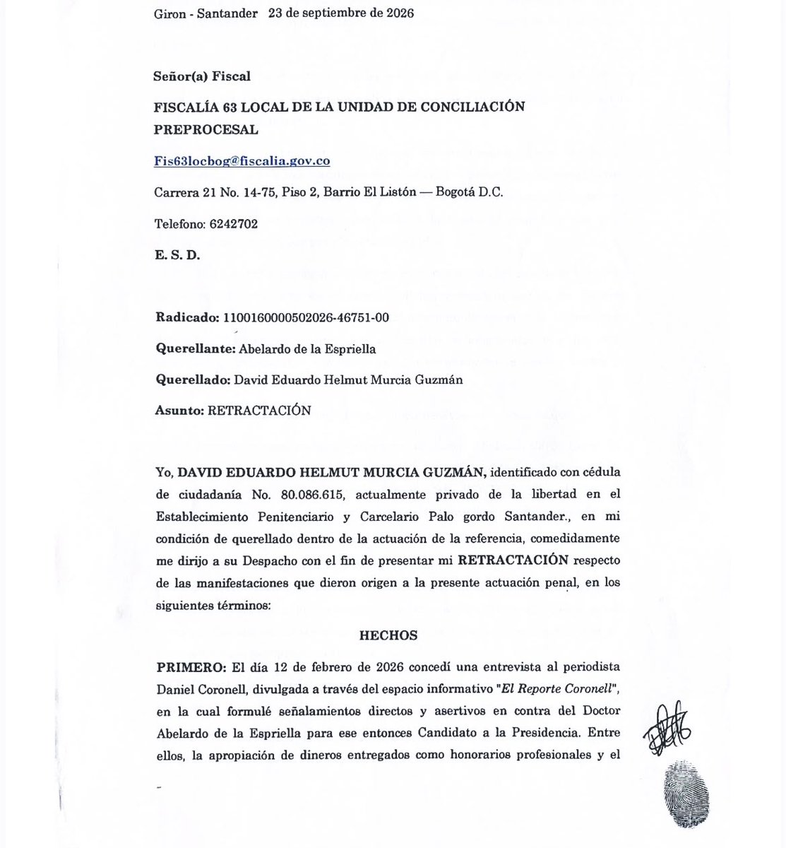 UltimaHoraCR's tweet photo. #ATENCIÓN | David Murcia Guzmán cerebro de la pirámide DMG, le envió un memorial a la Fiscalía 63 Local de la Unidad de Conciliación Preprocesal, retractándose de los señalamientos que hizo contra el presidente Abelardo de la Espriella (@ABDELAESPRIELLA). Aseguró que el gobierno de Gustavo Petro le ofreció ser gestor de paz. 

Vía @JennyAngaritaG