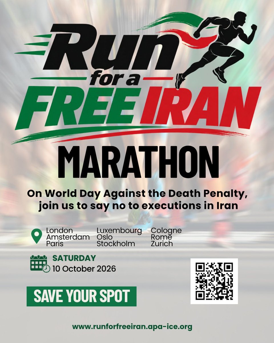 IranianAc's tweet photo. October 10: Stand Against Iran’s Execution Machine!
From London to Paris, Stockholm and seven other cities, people will raise their voices: NO to executions, NO to silence! Every step in the “Run for Life” is a powerful cry against executions and for the right to life.
#NoToExecutions #RunForLife #Iran