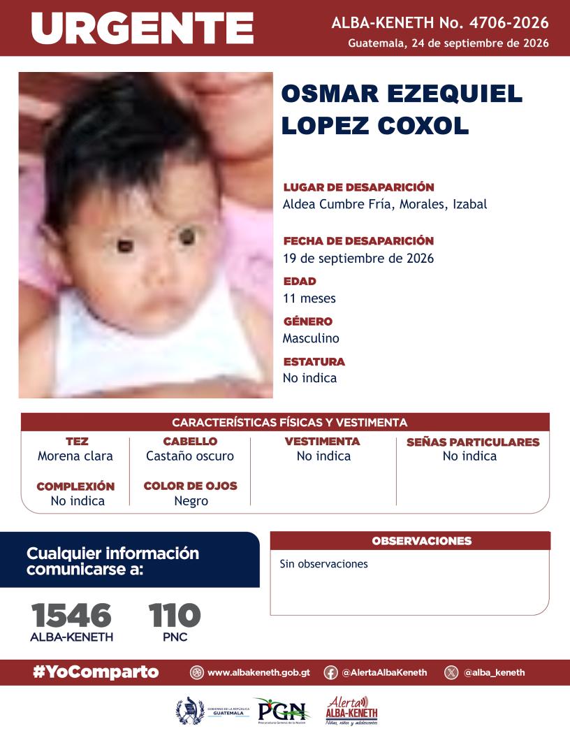 alba_keneth's tweet photo. #AlertaAlbaKeneth⚠️| Osmar Ezequiel Lopez Coxol de 11 meses de edad. Desapareció el 19 de septiembre de 2026, en Aldea Cumbre Fría, Morales, Izabal.

🔁Comparte y ayúdanos con su localización.
📞Si tienes información llama al 1546. #YoComparto https://t.co/s9NKMdJvHU