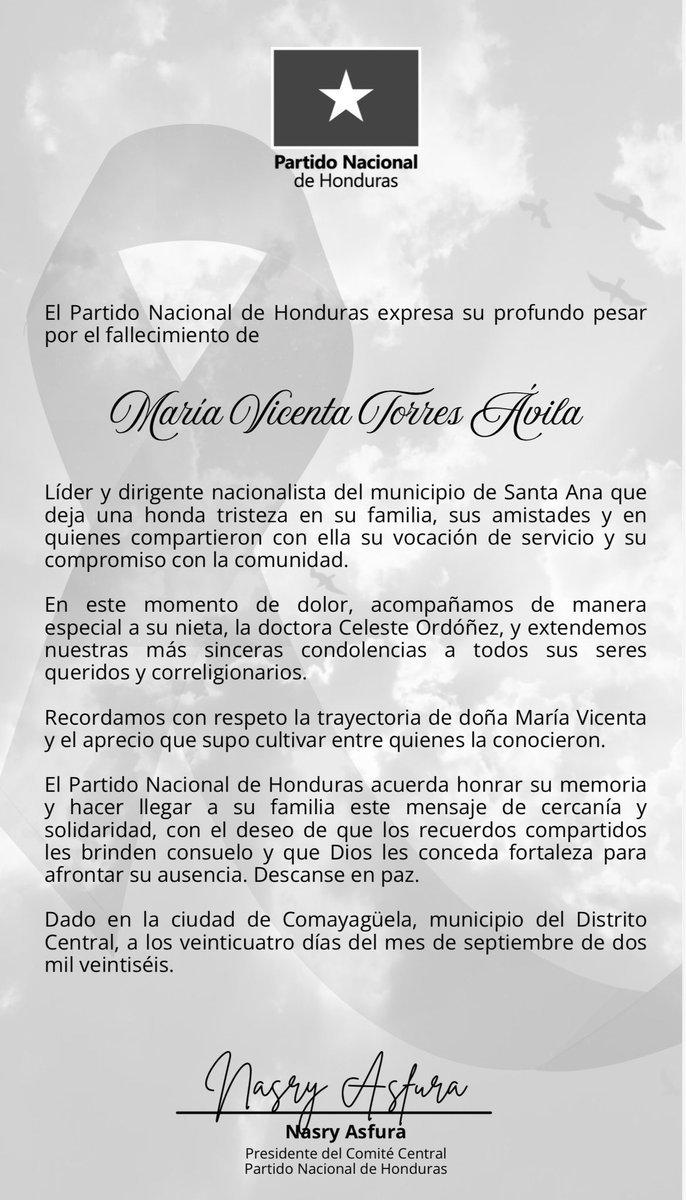 PNH_oficial's tweet photo. El #PNH lamenta profundamente el fallecimiento de doña María Vicenta Torres Ávila, líder y dirigente nacionalista de Santa Ana y exregidora de su municipalidad.

Acompañamos con respeto y solidaridad a su nieta, la doctora Celeste Ordóñez, y a toda su familia. https://t.co/JyOsHK41rk