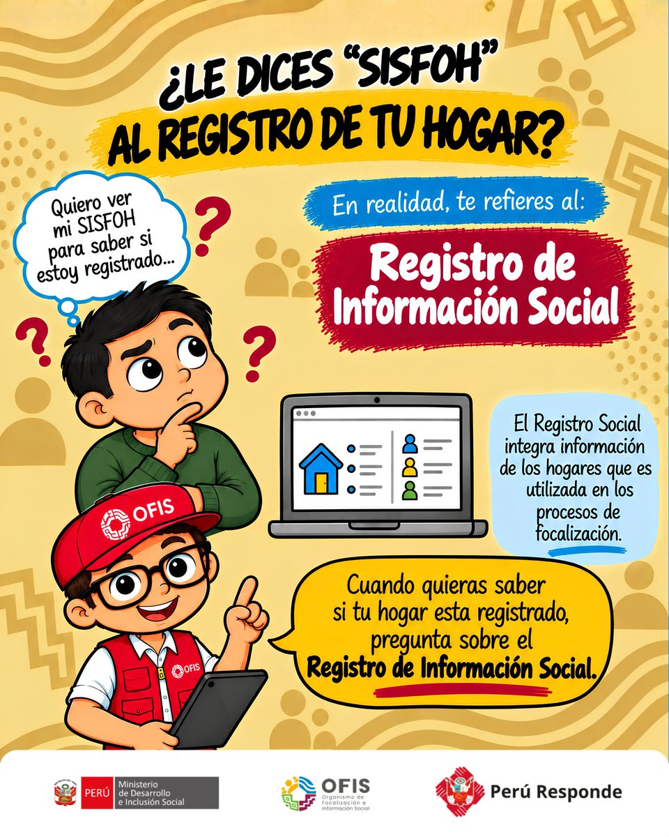 OFIS_midis's tweet photo. 👀 ¿Alguna vez has dicho “quiero saber si estoy en el SISFOH” para saber si tu hogar está registrado?

En realidad, el registro que reúne la información de los hogares es el Registro de Información Social. 🙌

#ABCdelOFIS https://t.co/ArtCWiqtnf