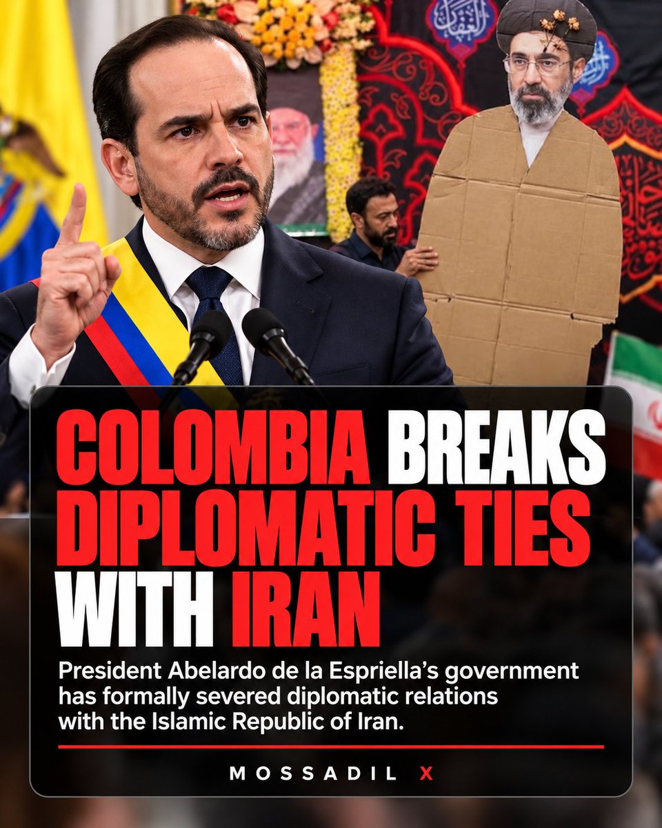 MOSSADil's tweet photo. 🇨🇴🇮🇷 COLOMBIA BREAKS DIPLOMATIC TIES WITH IRAN

President Abelardo de la Espriella’s government has formally severed diplomatic relations with the Islamic Republic of Iran.

Colombia cited alleged Iranian links to terrorist groups, human-rights violations, the blockade of the Strait of Hormuz and obstruction of IAEA nuclear verification.

The break took effect September 19. Consular relations remain in place.