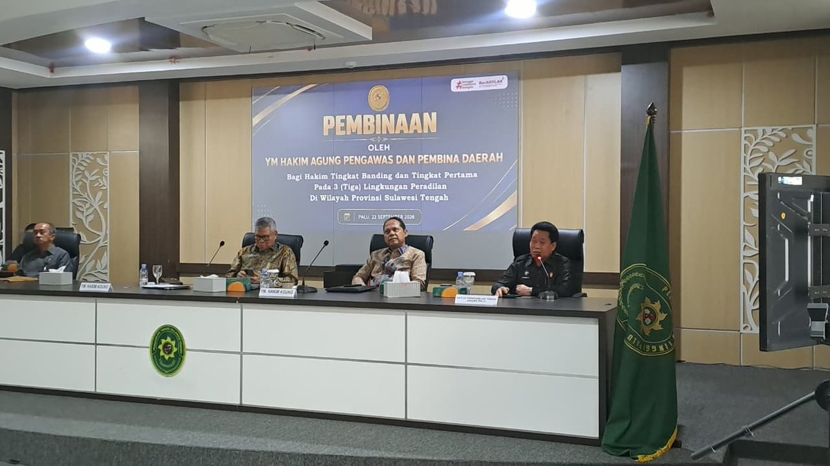 PTA_Palu's tweet photo. Tabe #SampesuvuPTA.Palu
Selasa, 22 September 2026

PTA Palu mengikuti Pembinaan Daerah oleh Tim Hakim Agung Pengawas &amp; Pembina Daerah @MahkamahAgung RI yang bertempat di Kantor PT Sulawesi Tengah. 

@Humas_MA
@DitjenBadilag
#ptapalunabelopura
#ptapalusukseswbk
#ptapalumenujuwbbm https://t.co/T0CeGFO4DU