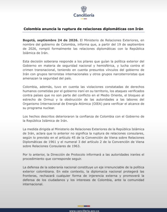isaacrrr7's tweet photo. 🚨🇨🇴🇮🇷 ÚLTIMA HORA: Colombia ha anunciado que ha roto formalmente todas las relaciones diplomáticas con la República Islámica de Irán. https://t.co/u3MyAM9k61