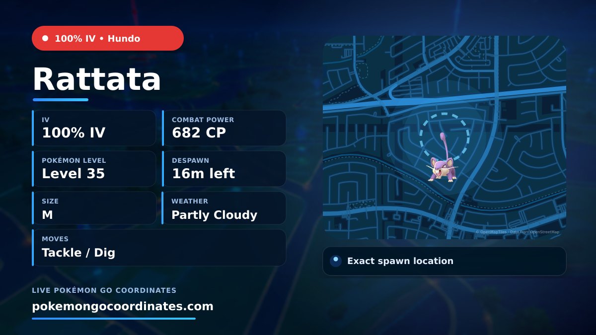 CoordsPokemonGo's tweet photo. Rattata Wild Spawn
💯% IV • 682 CP • Level 35
Size: M
Moves: Tackle/Dig
Weather: Partly Cloudy
Despawns in 16m
📍 29.706427,-95.664981
#PokemonGO • #PoGo • #Rattata https://t.co/PQ2YgiztZn