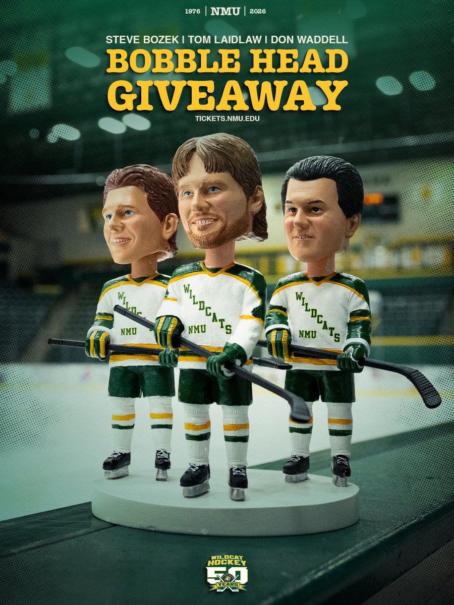 NMUHockey's tweet photo. First Look 👀
Join us next Friday for our Home Opener & start to the 50th Season as we retire the jerseys of Don Waddell, Tom Laidlaw, & Steve Bozek.
Be one of the first 300 fans in attendance and receive this Bobble Head for free!
🎟️: https://t.co/xElweFbp81
#NMUwildcats | #50thSeason